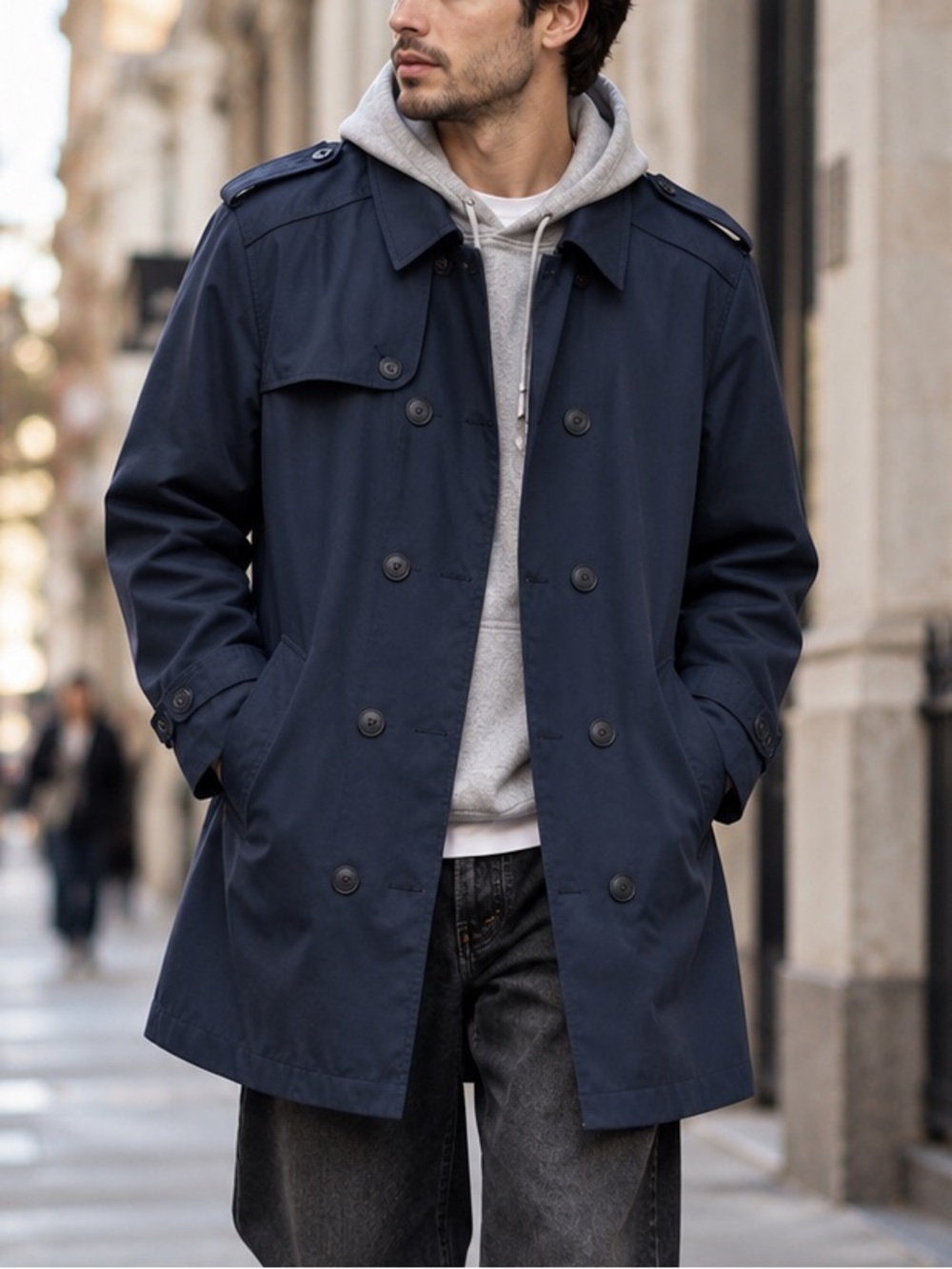 Topman Men’s XL Navy Double Breasted Short Trench Car Coat w/Belt